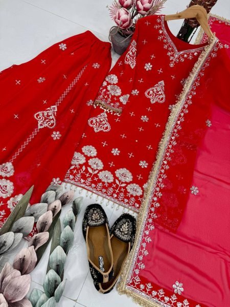 Premium Crafted Red Fully Stitched Georgette Embroidered Suit Perfect for Wholesaler  Ready To Wear Collection