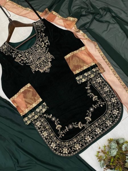 Premium crafted Velvet Front   Back Sequence Work Suit with Crape Silk Salwar and Georgette Dupatta for Wedding Wear  Ready To Wear Collection