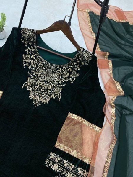 Premium crafted Velvet Front   Back Sequence Work Suit with Crape Silk Salwar and Georgette Dupatta for Wedding Wear  Ready To Wear Collection