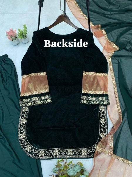 Premium crafted Velvet Front   Back Sequence Work Suit with Crape Silk Salwar and Georgette Dupatta for Wedding Wear  Ready To Wear Collection