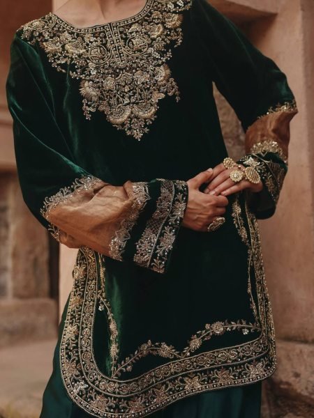 Premium crafted Velvet Front   Back Sequence Work Suit with Crape Silk Salwar and Georgette Dupatta for Wedding Wear  Ready To Wear Collection