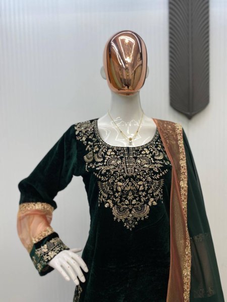 Premium crafted Velvet Front   Back Sequence Work Suit with Crape Silk Salwar and Georgette Dupatta for Wedding Wear  Ready To Wear Collection