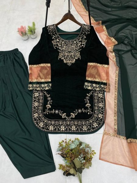 Premium crafted Velvet Front   Back Sequence Work Suit with Crape Silk Salwar and Georgette Dupatta for Wedding Wear  Ready To Wear Collection