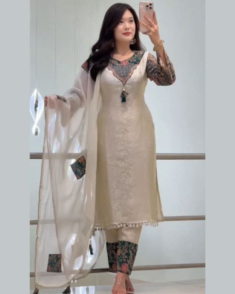 Premium Cream Banarasi Ethnic Set with Handwork Neck and Designer Dupatta For Occasions 3 Piece Kurti Set