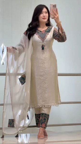 Premium Cream Banarasi Ethnic Set with Handwork Neck and Designer Dupatta For Occasions 3 Piece Kurti Set