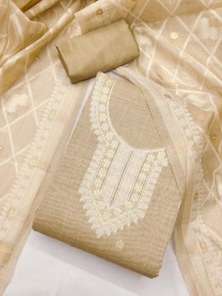 Premium Cream Designer Chanderi Jacquard Suit Set with Dupatta and Bottom Dress Material 