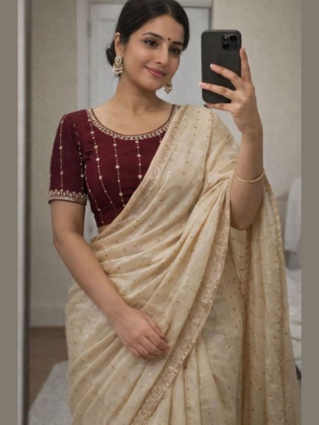 Premium Cream Star Georgette Saree with Sequence Work for Party Wear