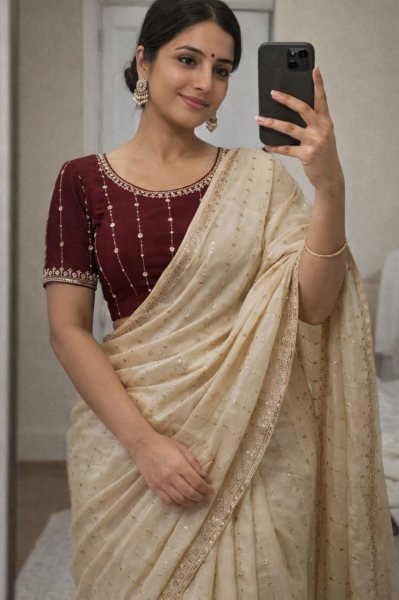 Premium Cream Star Georgette Saree with Sequence Work for Party Wear Silk Sarees Wholesale