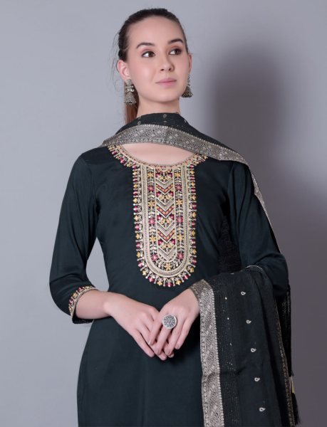 Premium Dark Green Jacquard Silk Kurta Palazzo Set with Dupatta Elegant Casual Wear 3 Piece Kurti Set