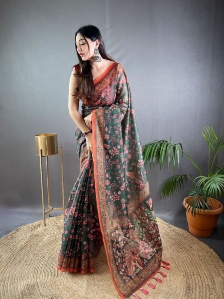Premium Dark Green Pure Malai Cotton Kalamkari Print Saree with Elegant Contrast Pallu Sarees 