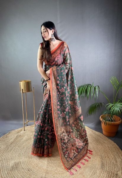 Premium Dark Green Pure Malai Cotton Kalamkari Print Saree with Elegant Contrast Pallu Printed Cotton Sarees Wholesale