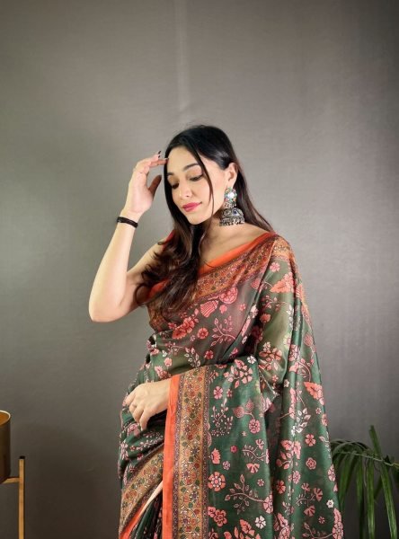 Premium Dark Green Pure Malai Cotton Kalamkari Print Saree with Elegant Contrast Pallu Printed Cotton Sarees Wholesale