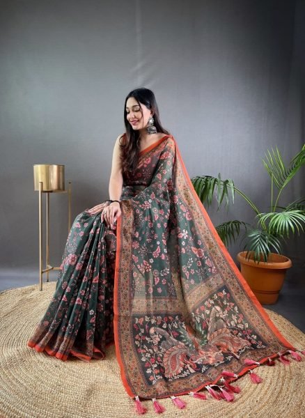 Premium Dark Green Pure Malai Cotton Kalamkari Print Saree with Elegant Contrast Pallu Printed Cotton Sarees Wholesale