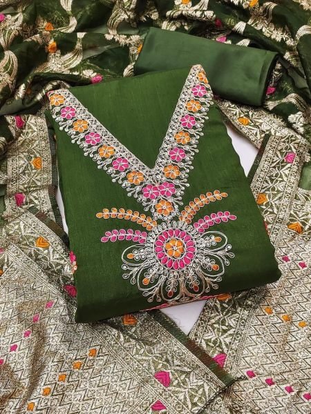 Premium Dark Green Vichitra Silk Dress Material with Coding Work at Low Price 
