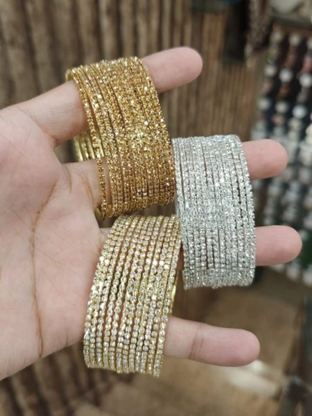 Premium Designer Bangles Combo Box in Golden Silver and White Stone 