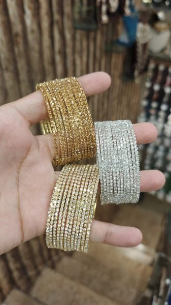 Premium Designer Bangles Combo Box in Golden Silver and White Stone Fashion Accessories Wholesale