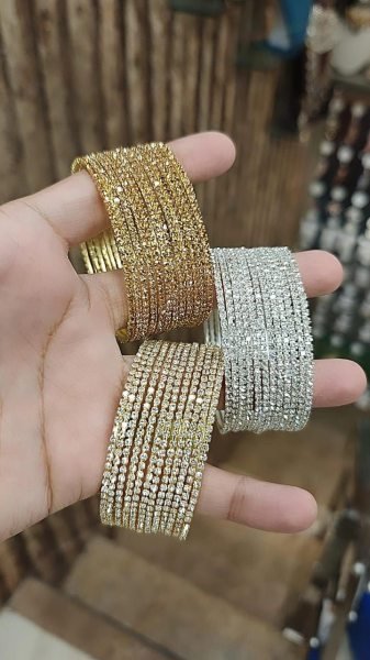 Premium Designer Bangles Combo Box in Golden Silver and White Stone Fashion Accessories Wholesale