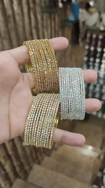 Premium Designer Bangles Combo Box in Golden Silver and White Stone Fashion Accessories Wholesale