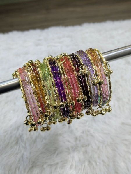 Premium Designer Glass Bangles Set with Gold Ghungroo at Wholesale Rate 