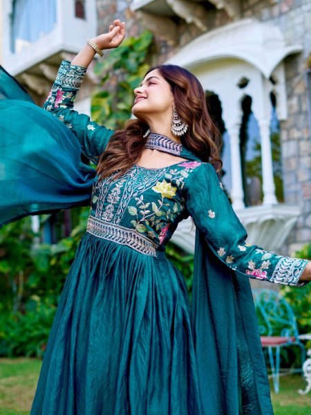 Premium Embroidered Fendy Silk Gown with Dupatta Ready to Wear 