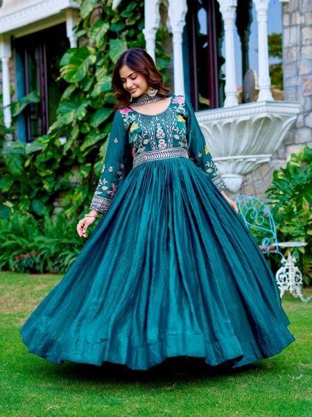Latest Rama Green Fendy Silk Embroidery Gown with Dupatta for Wholesale Buyers Anarkali Kurtis 