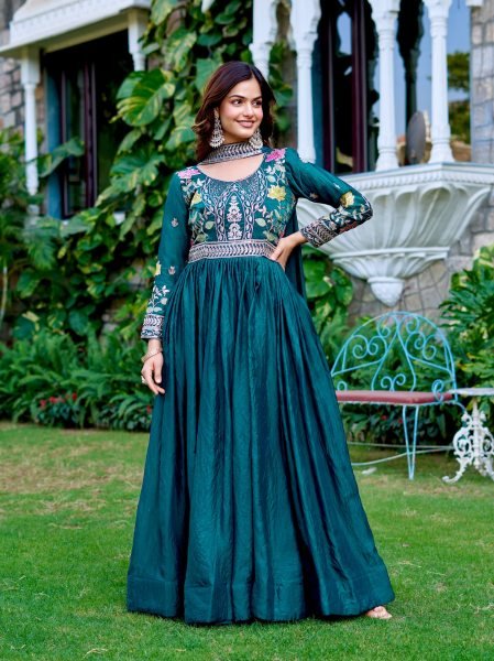 Latest Rama Green Fendy Silk Embroidery Gown with Dupatta for Wholesale Buyers Anarkali Kurtis 