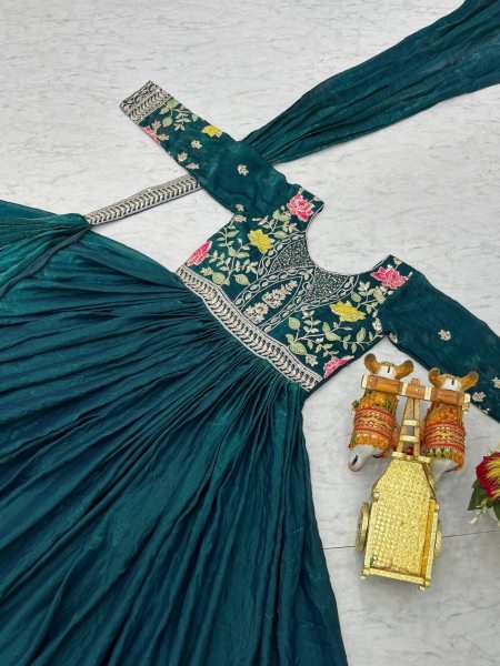 Latest Rama Green Fendy Silk Embroidery Gown with Dupatta for Wholesale Buyers Anarkali Kurtis 