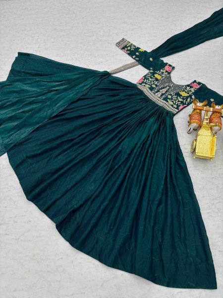 Latest Rama Green Fendy Silk Embroidery Gown with Dupatta for Wholesale Buyers Anarkali Kurtis 
