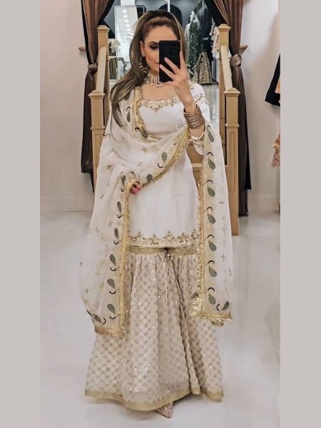 Premium Embroidered Fox Georgette Sharara Set Ready to Wear Festive Party Collection with Cutwork Dupatta at Best Wholesale Price Ready To Wear Suit