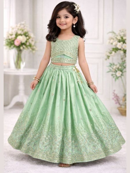 Premium Embroidered Mint Green Net Lehenga Choli Set Designed For Festive Wear Kurtis