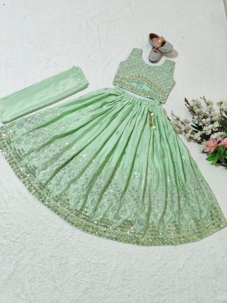 Premium Embroidered Mint Green Net Lehenga Choli Set Designed For Festive Wear Girls Wear