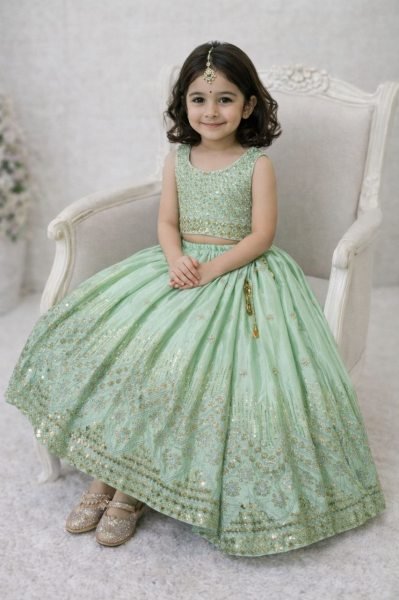 Premium Embroidered Mint Green Net Lehenga Choli Set Designed For Festive Wear Girls Wear