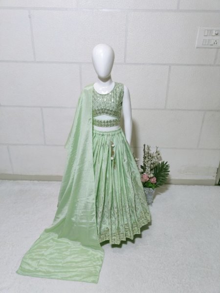Premium Embroidered Mint Green Net Lehenga Choli Set Designed For Festive Wear Girls Wear