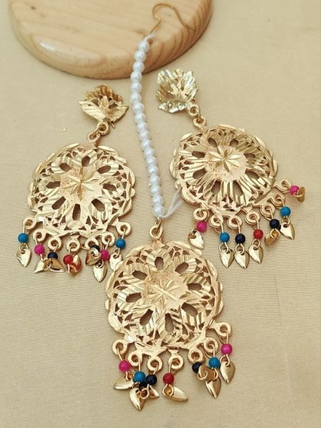 Ethnic Glow Jadau Set Premium Earrings with Matching Maang Tikka Fashion Accessories Wholesale