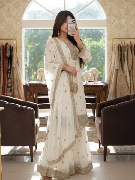 Premium Faux Georgette Embroidered Kurti Sharara Set with Dupatta Using Real Stone Work Ready To Wear Suit