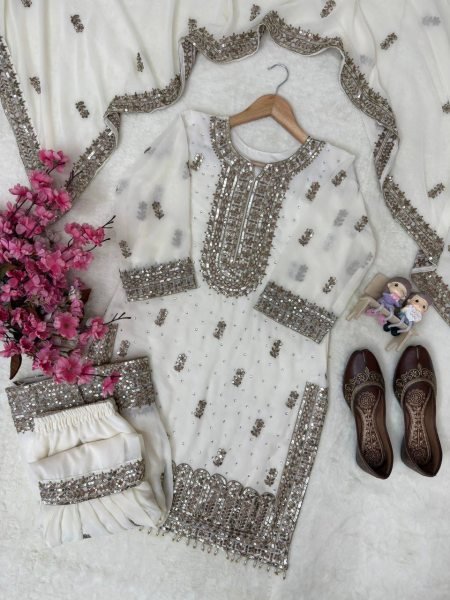 Premium Faux Georgette Embroidered Kurti Sharara Set with Dupatta Using Real Stone Work Ready To Wear Collection