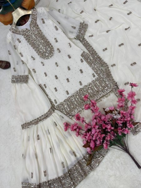 Premium Faux Georgette Embroidered Kurti Sharara Set with Dupatta Using Real Stone Work Ready To Wear Collection
