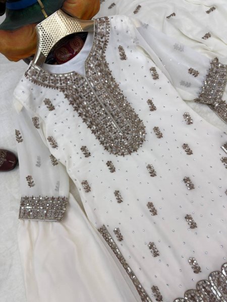 Premium Faux Georgette Embroidered Kurti Sharara Set with Dupatta Using Real Stone Work Ready To Wear Collection