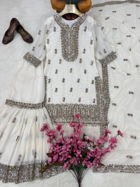 Premium Faux Georgette Embroidered Kurti Sharara Set with Dupatta Using Real Stone Work Ready To Wear Collection