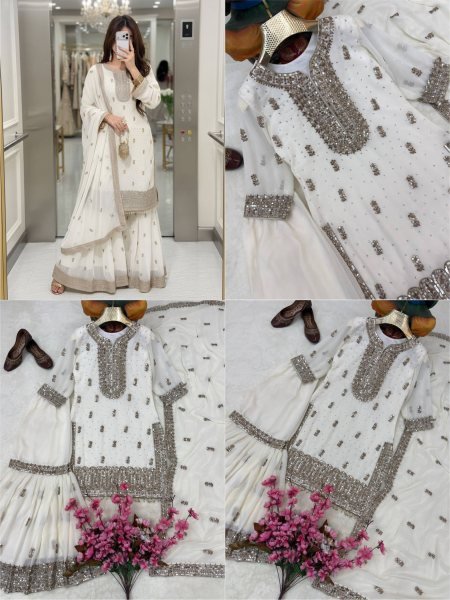 Premium Faux Georgette Embroidered Kurti Sharara Set with Dupatta Using Real Stone Work Ready To Wear Collection