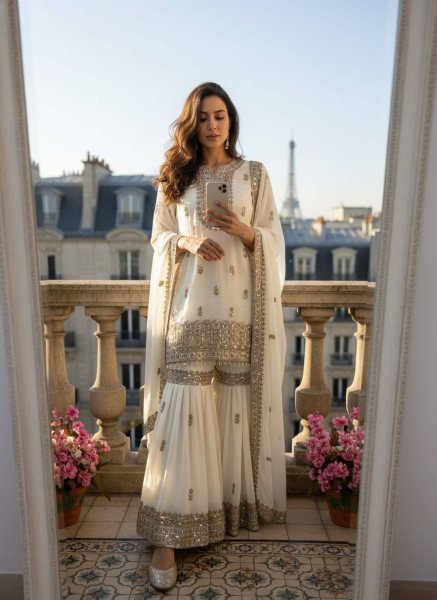 Premium Faux Georgette Embroidered Kurti Sharara Set with Dupatta Using Real Stone Work Ready To Wear Collection
