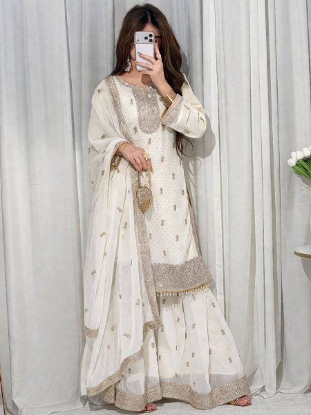 Premium Faux Georgette Embroidered Kurti Sharara Set with Dupatta Using Real Stone Work Ready To Wear Collection