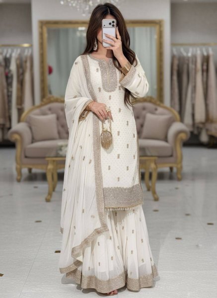 Premium Faux Georgette Embroidered Kurti Sharara Set with Dupatta Using Real Stone Work Ready To Wear Collection