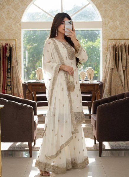 Premium Faux Georgette Embroidered Kurti Sharara Set with Dupatta Using Real Stone Work Ready To Wear Collection