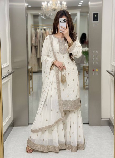 Premium Faux Georgette Embroidered Kurti Sharara Set with Dupatta Using Real Stone Work Ready To Wear Collection