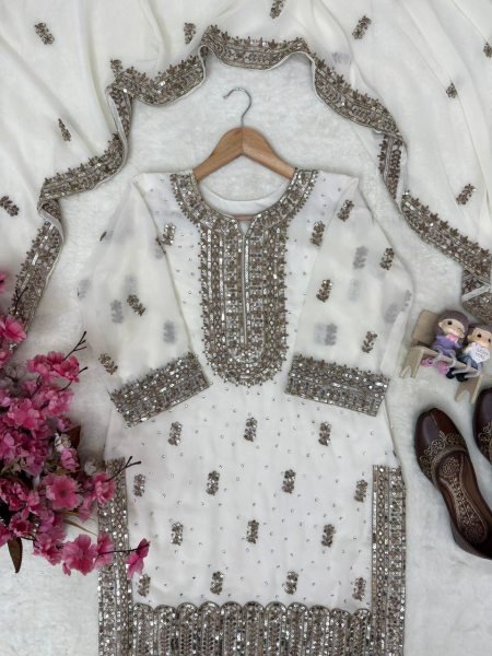 Premium Faux Georgette Embroidered Kurti Sharara Set with Dupatta Using Real Stone Work Ready To Wear Collection