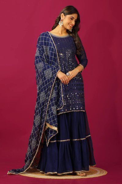 Premium Faux Georgette Sharara Set with 5mm Sequins Embroidery   Four Side Lace Dupatta Perfect Wedding   Festive Wear for Women Ready To Wear Collection