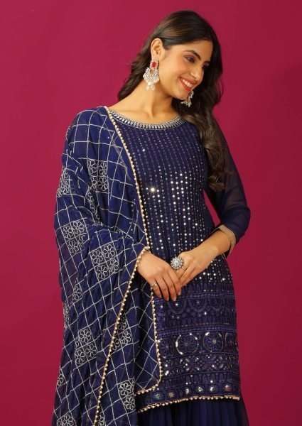 Premium Faux Georgette Sharara Set with 5mm Sequins Embroidery   Four Side Lace Dupatta Perfect Wedding   Festive Wear for Women Ready To Wear Collection
