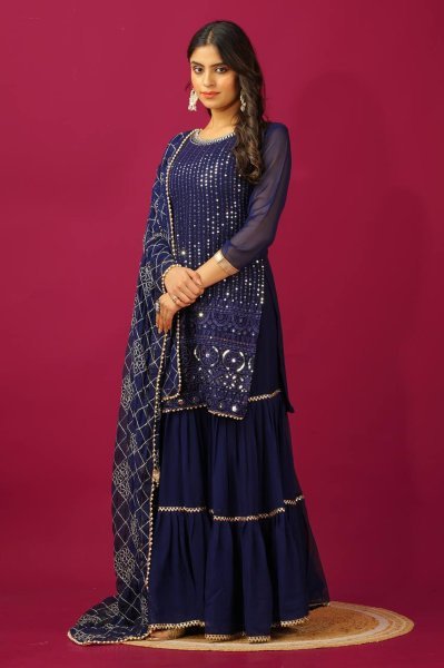 Premium Faux Georgette Sharara Set with 5mm Sequins Embroidery   Four Side Lace Dupatta Perfect Wedding   Festive Wear for Women Ready To Wear Collection