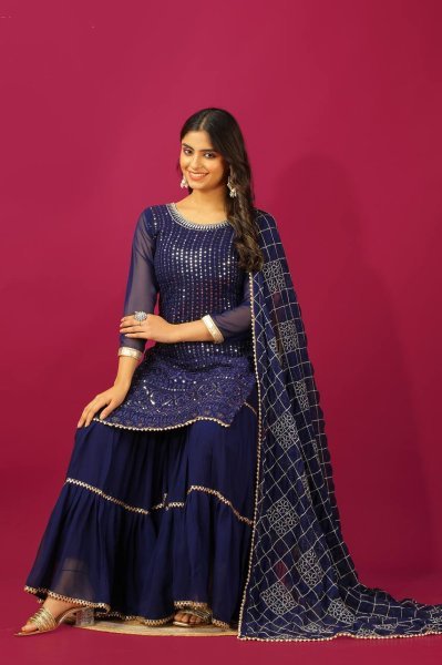 Premium Faux Georgette Sharara Set with 5mm Sequins Embroidery   Four Side Lace Dupatta Perfect Wedding   Festive Wear for Women Ready To Wear Collection